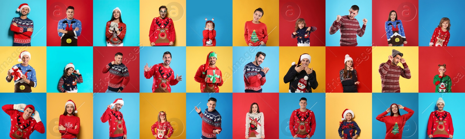 Image of Collage with photos of adults and children in different Christmas sweaters on color backgrounds. Banner design