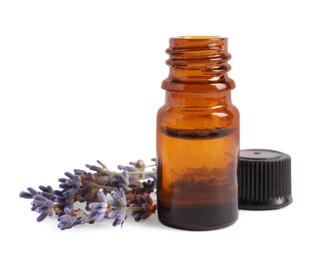 Photo of Bottle of essential oil and lavender flowers on white background