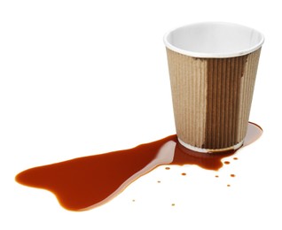 Paper cup and spilled coffee on white background
