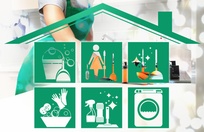 Image of Cleaning service related icons under house roof illustration and janitor wiping gas stove on background