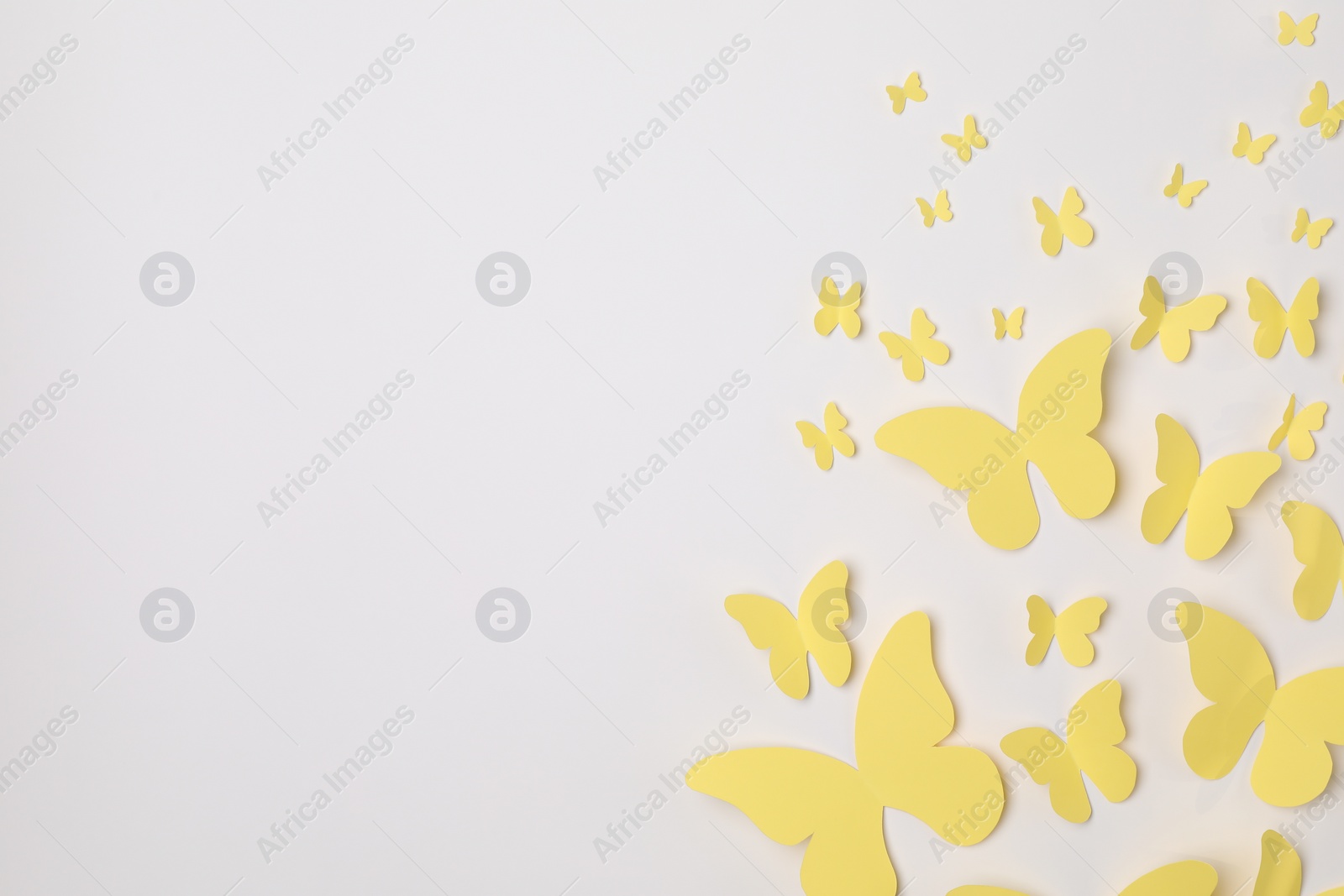 Photo of Yellow paper butterflies on white background, top view. Space for text