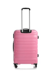 Photo of Trendy pink suitcase on white background