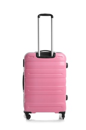 Trendy pink suitcase on white background