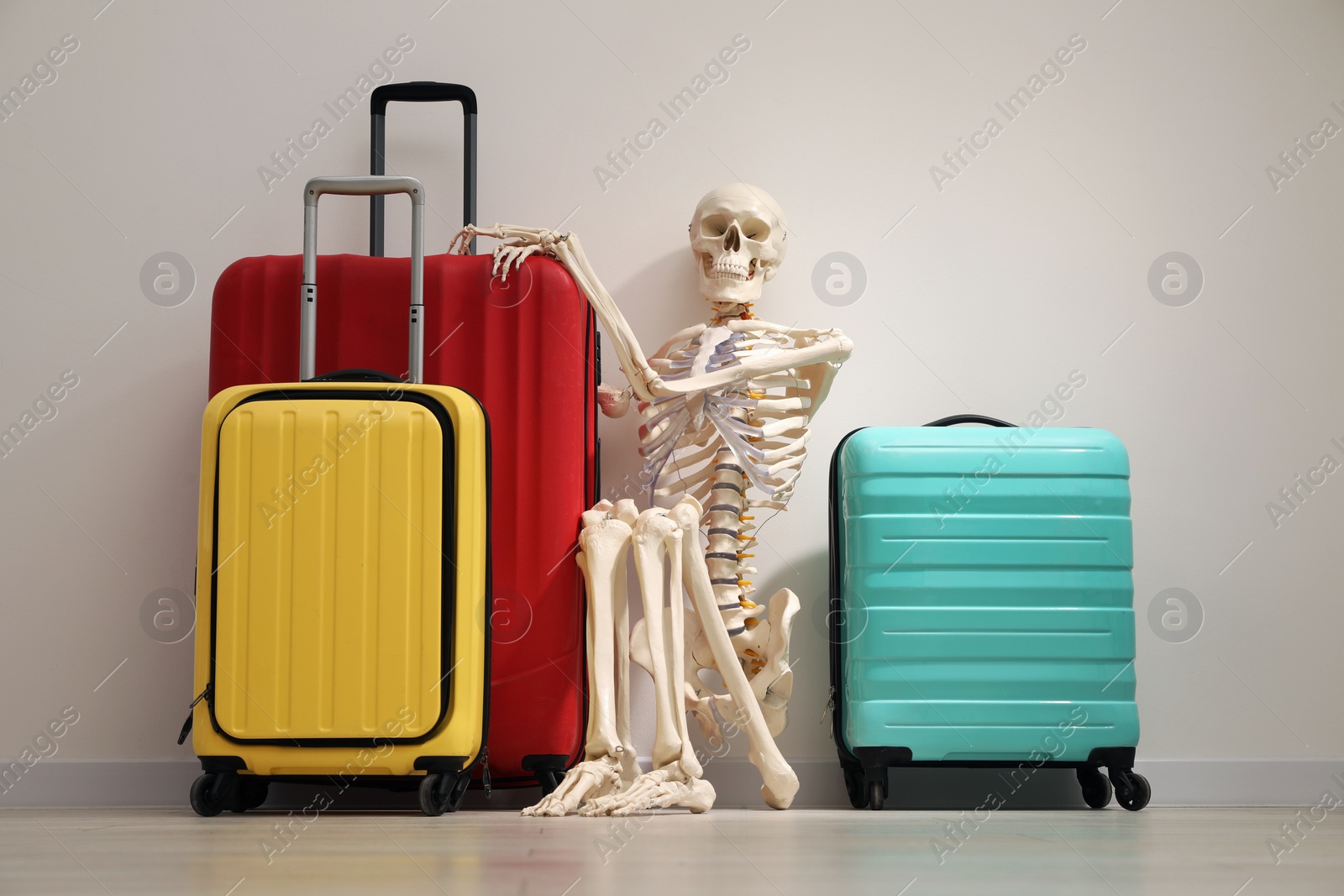 Photo of Waiting concept. Human skeleton with suitcases near light grey wall