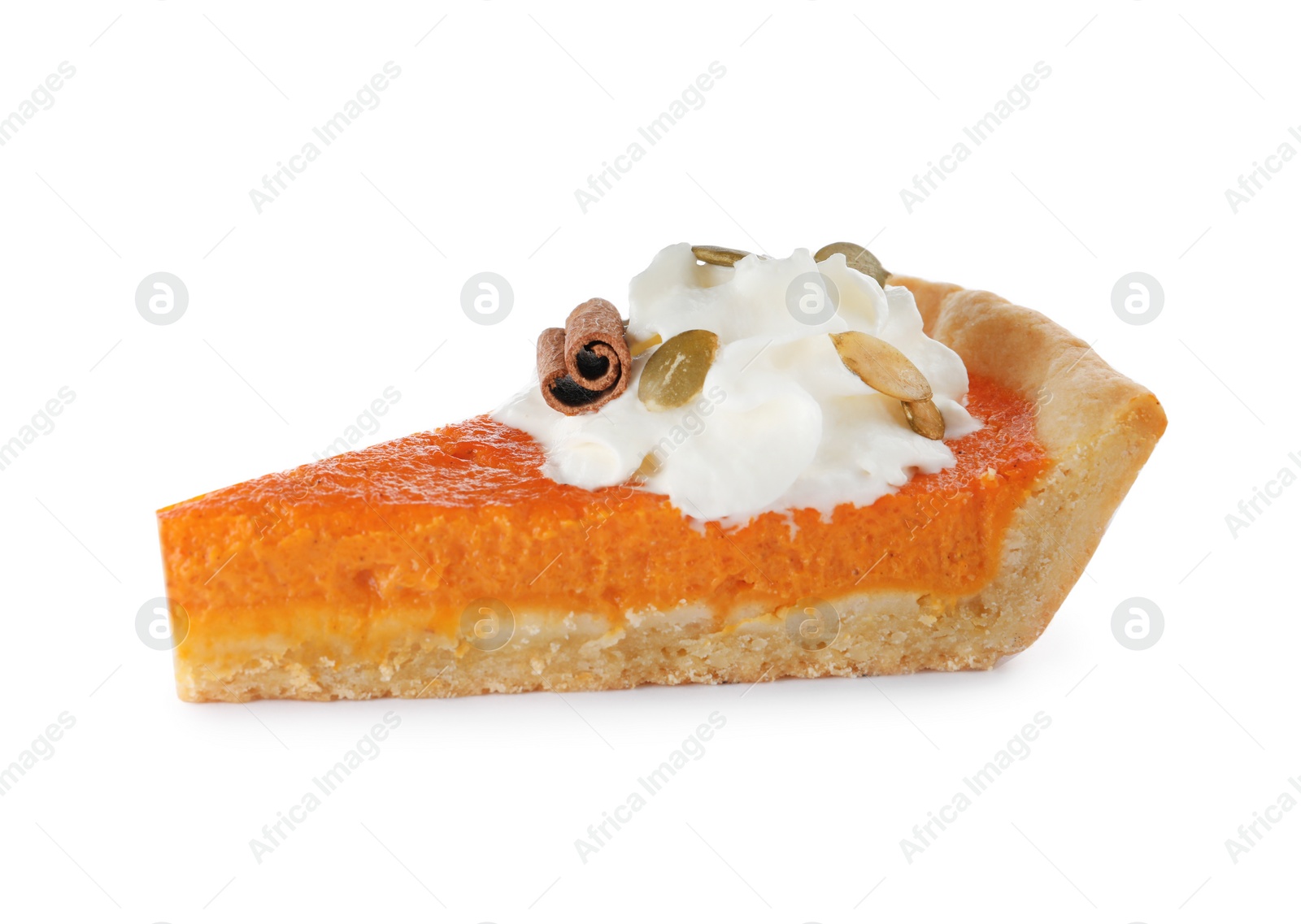 Photo of Slice of delicious homemade pumpkin pie isolated on white