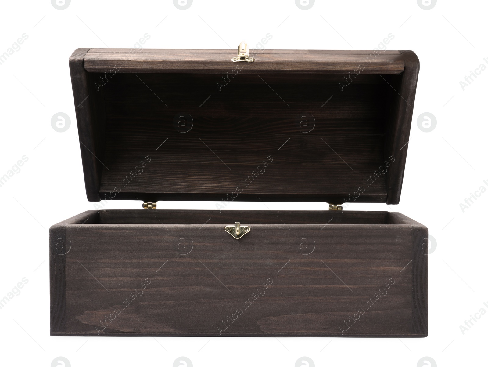 Photo of Open old wooden treasure chest isolated on white