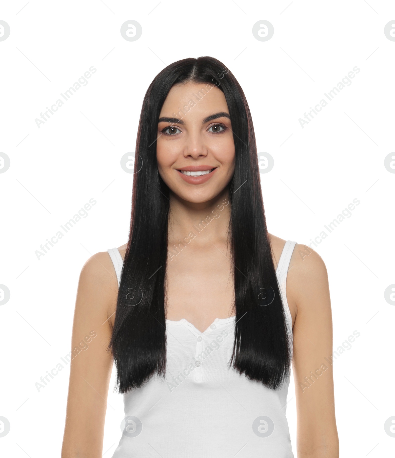 Photo of Beautiful young woman with long straight hair on white background