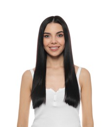 Photo of Beautiful young woman with long straight hair on white background