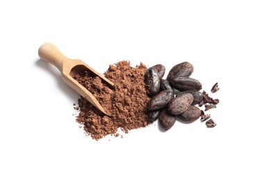 Photo of Wooden scoop, cocoa beans and powder isolated on white