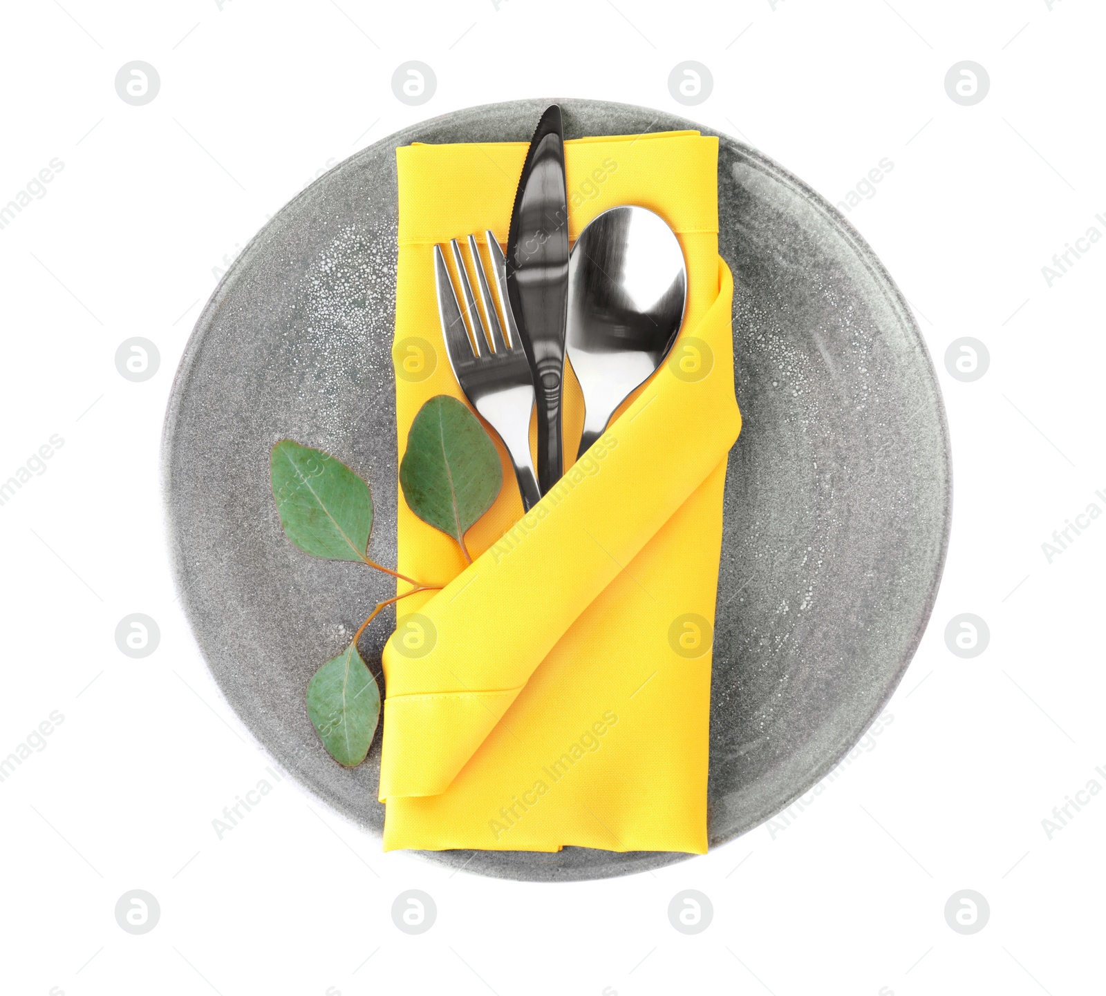 Photo of Plate with cutlery and napkin on white background, top view