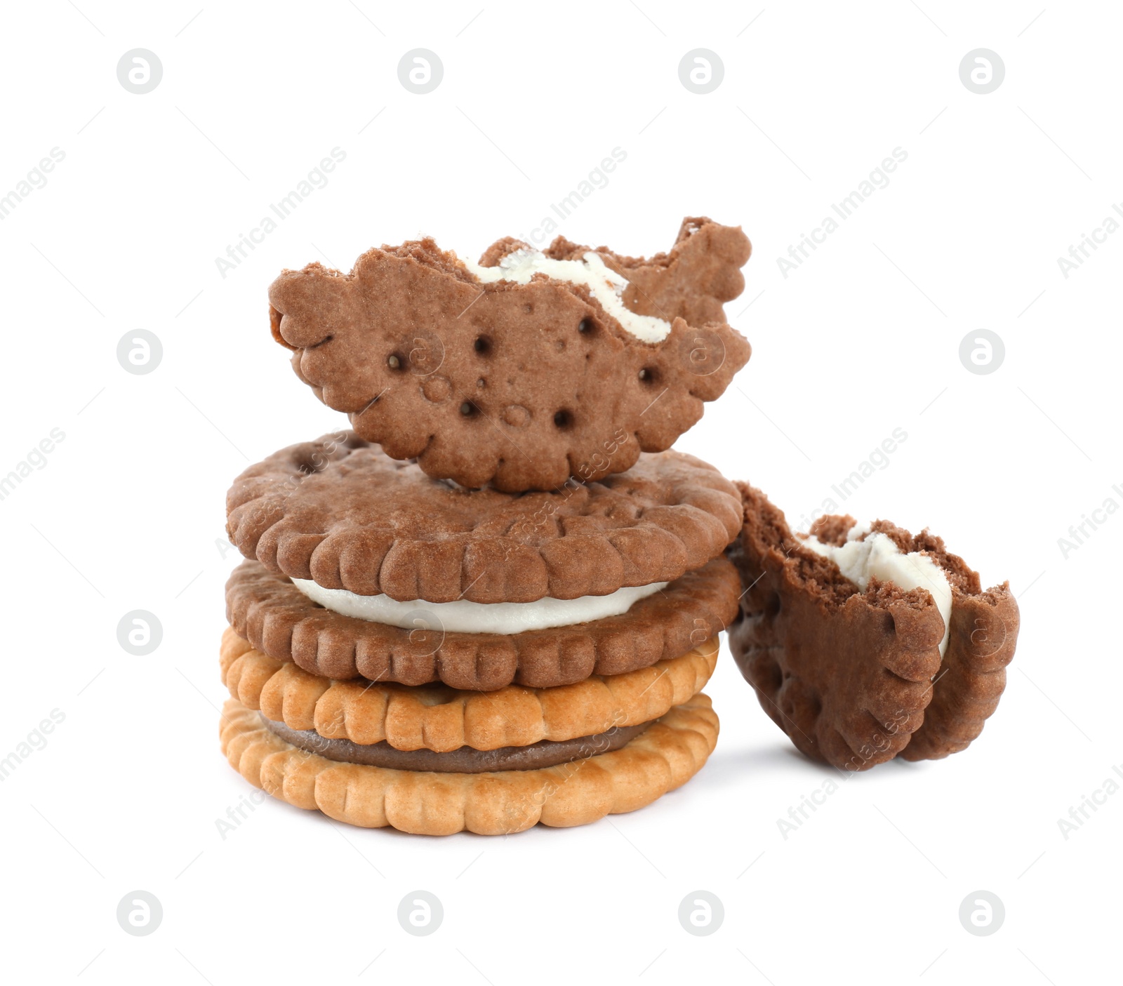 Photo of Different tasty sandwich cookies on white background