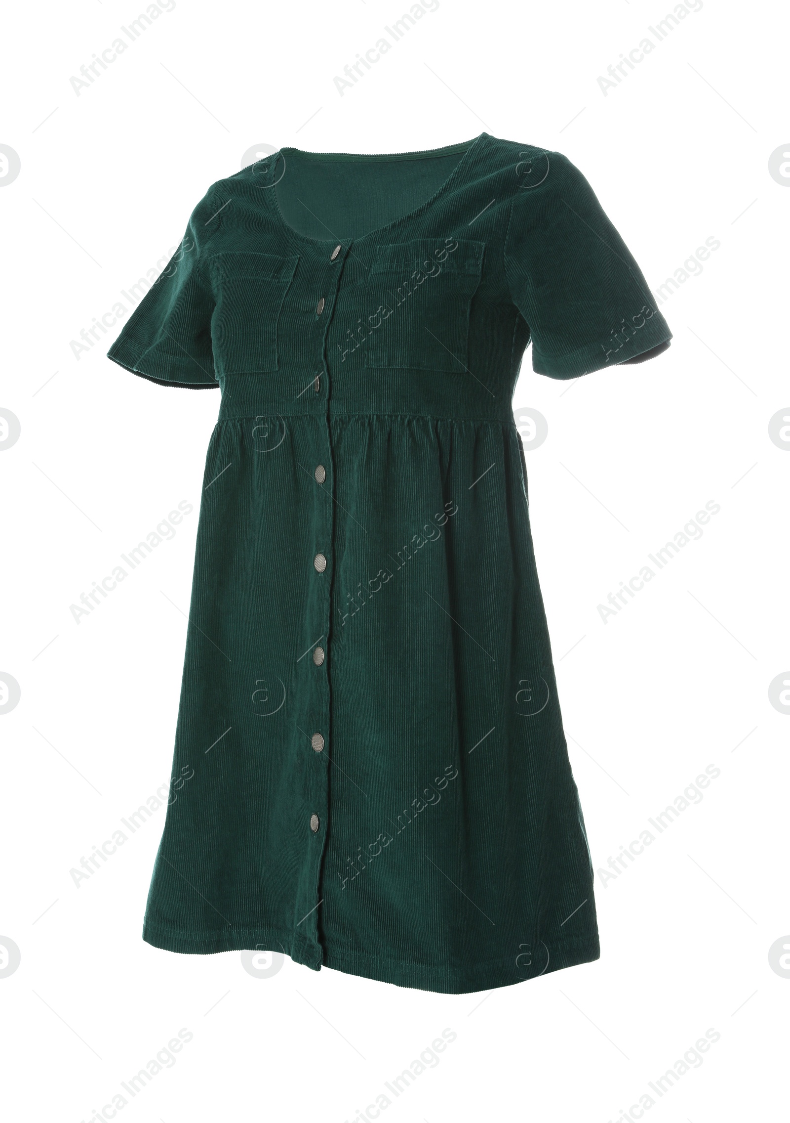 Photo of Stylish short dark green velour dress on white background