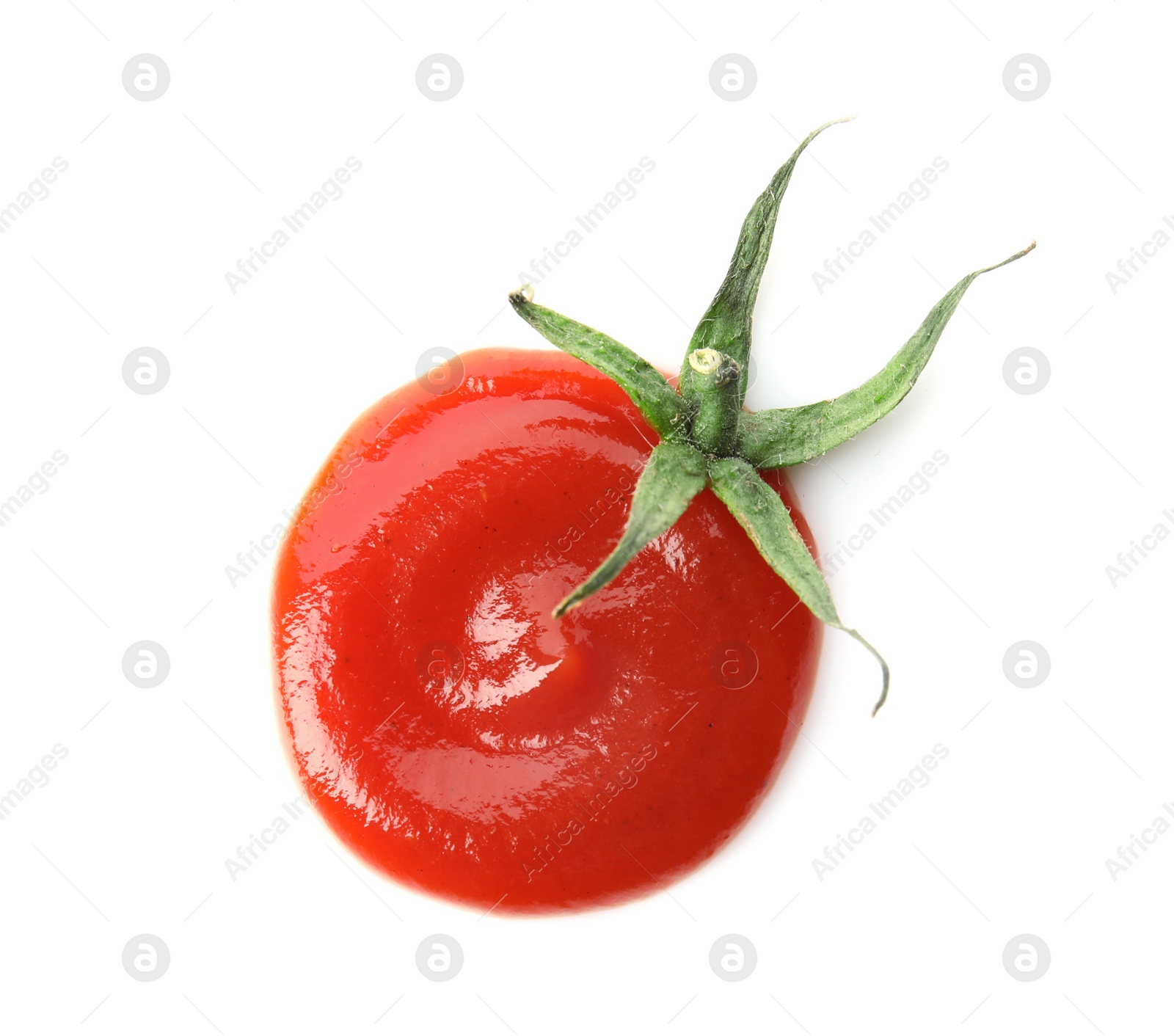 Photo of Shape of tomato made with homemade sauce and calyx on white background, top view