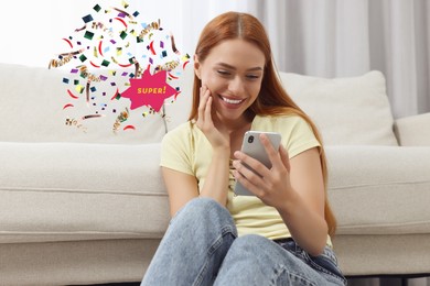 Image of Discount offer. Happy young woman holding smartphone at home. Confetti, streamers and word Super near her