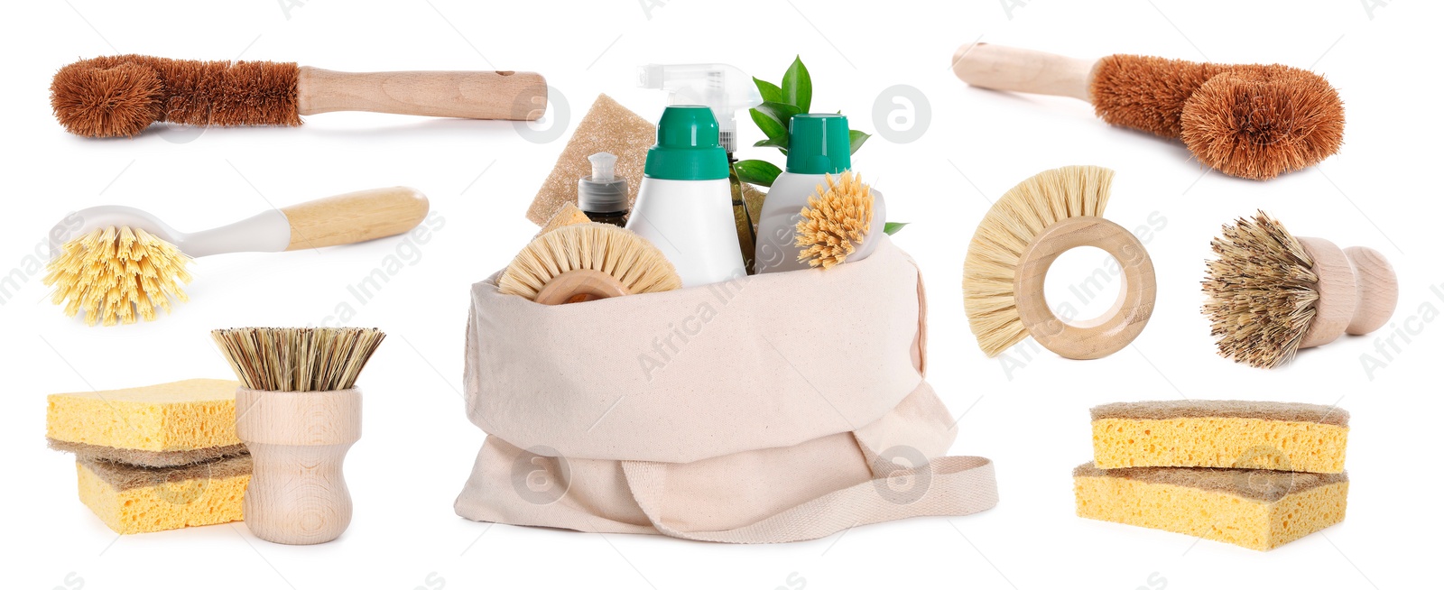 Image of Set of eco-friendly cleaning products isolated on white