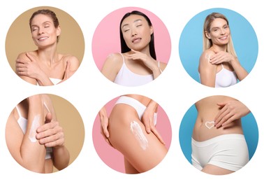 Image of Collage with photos of women applying body cream on white background