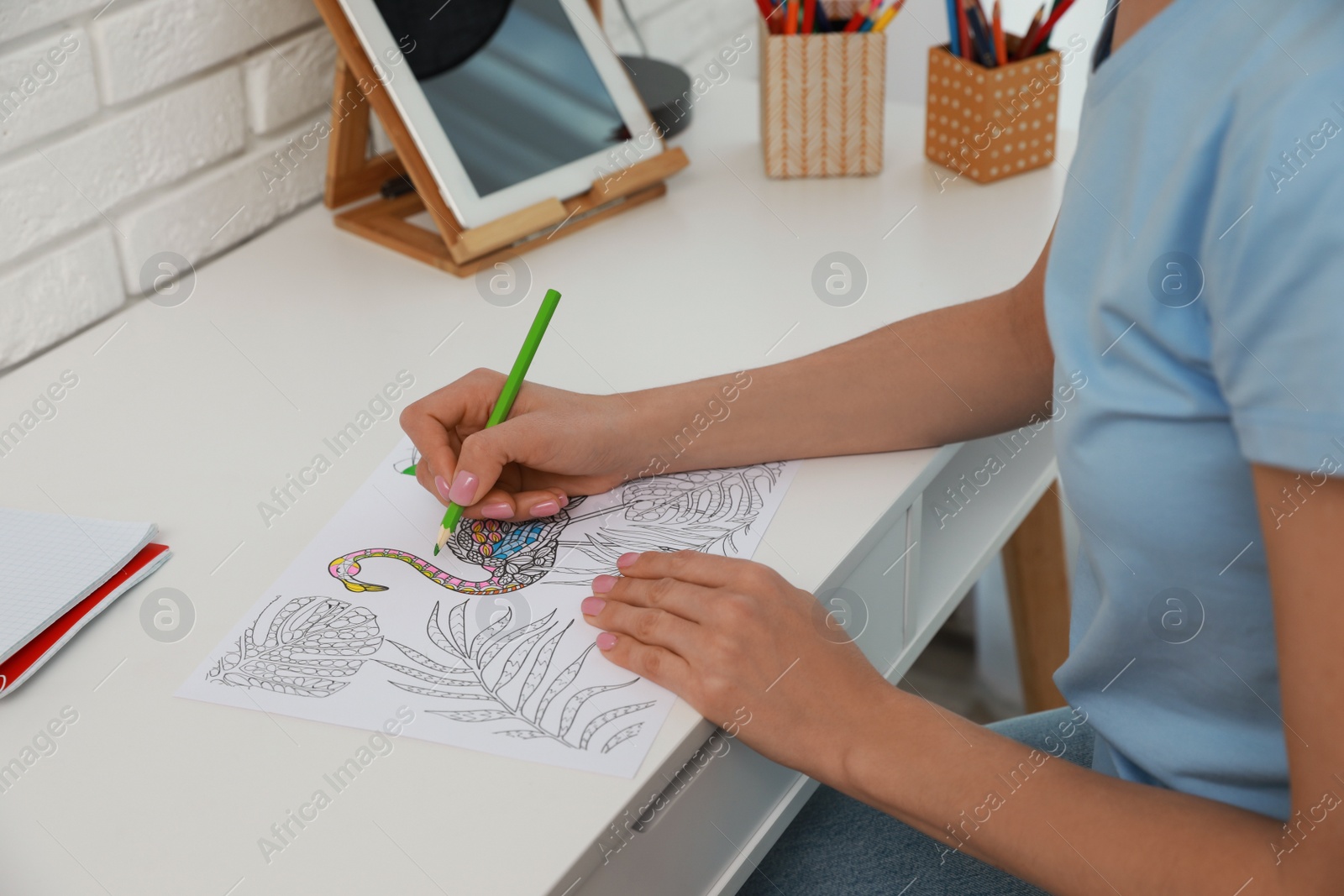 Photo of Young woman coloring antistress page at desk indoors, closeup