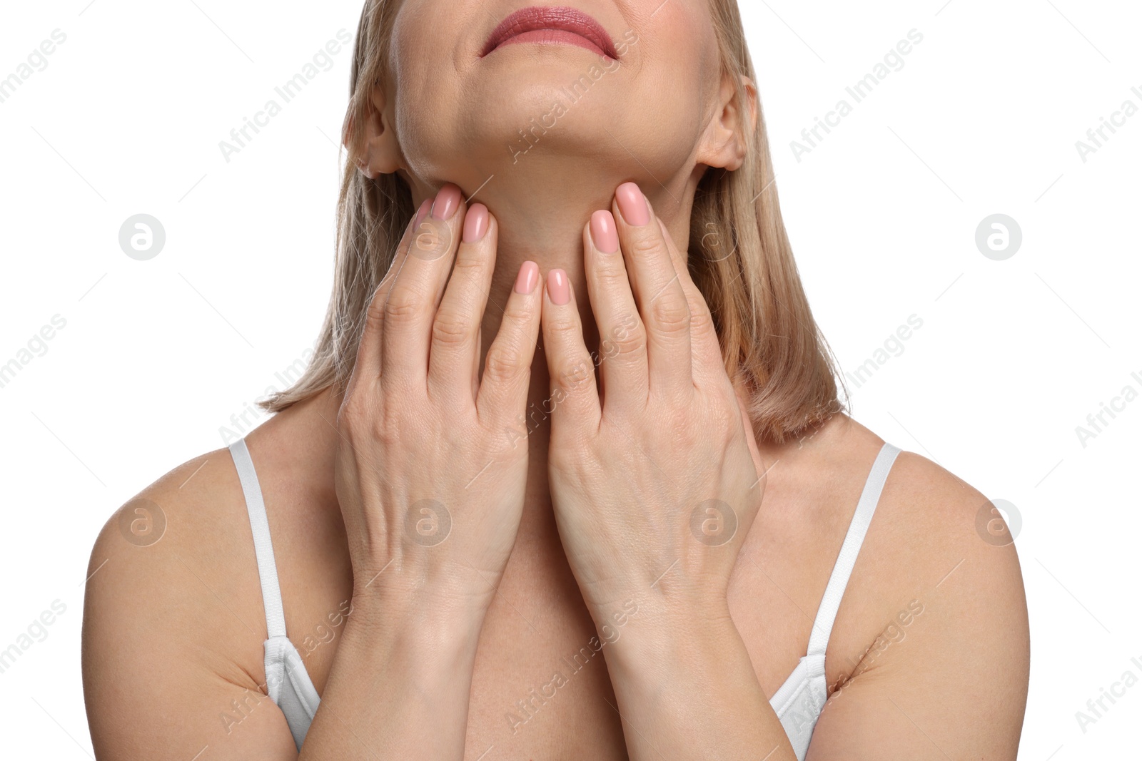 Photo of Woman touching her neck on white background, closeup