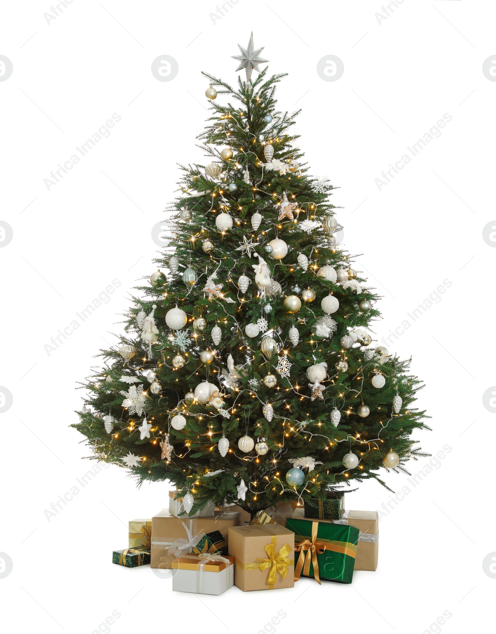 Photo of Christmas tree with beautiful decorations and gifts on white background