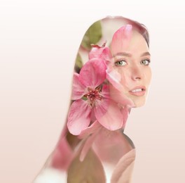 Image of Double exposure of beautiful woman and blooming flowers on light background