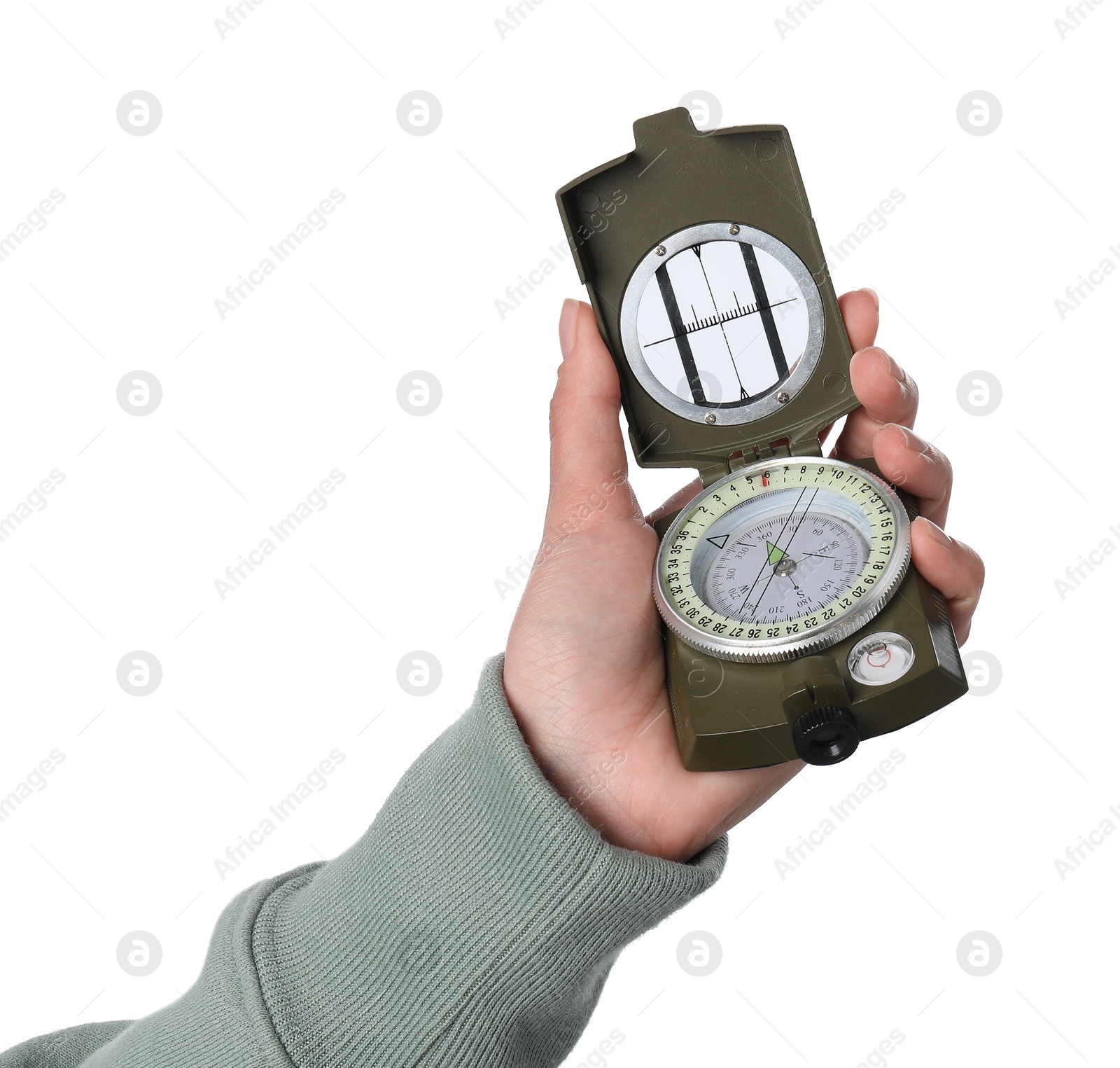 Photo of Woman holding compass on white background, closeup