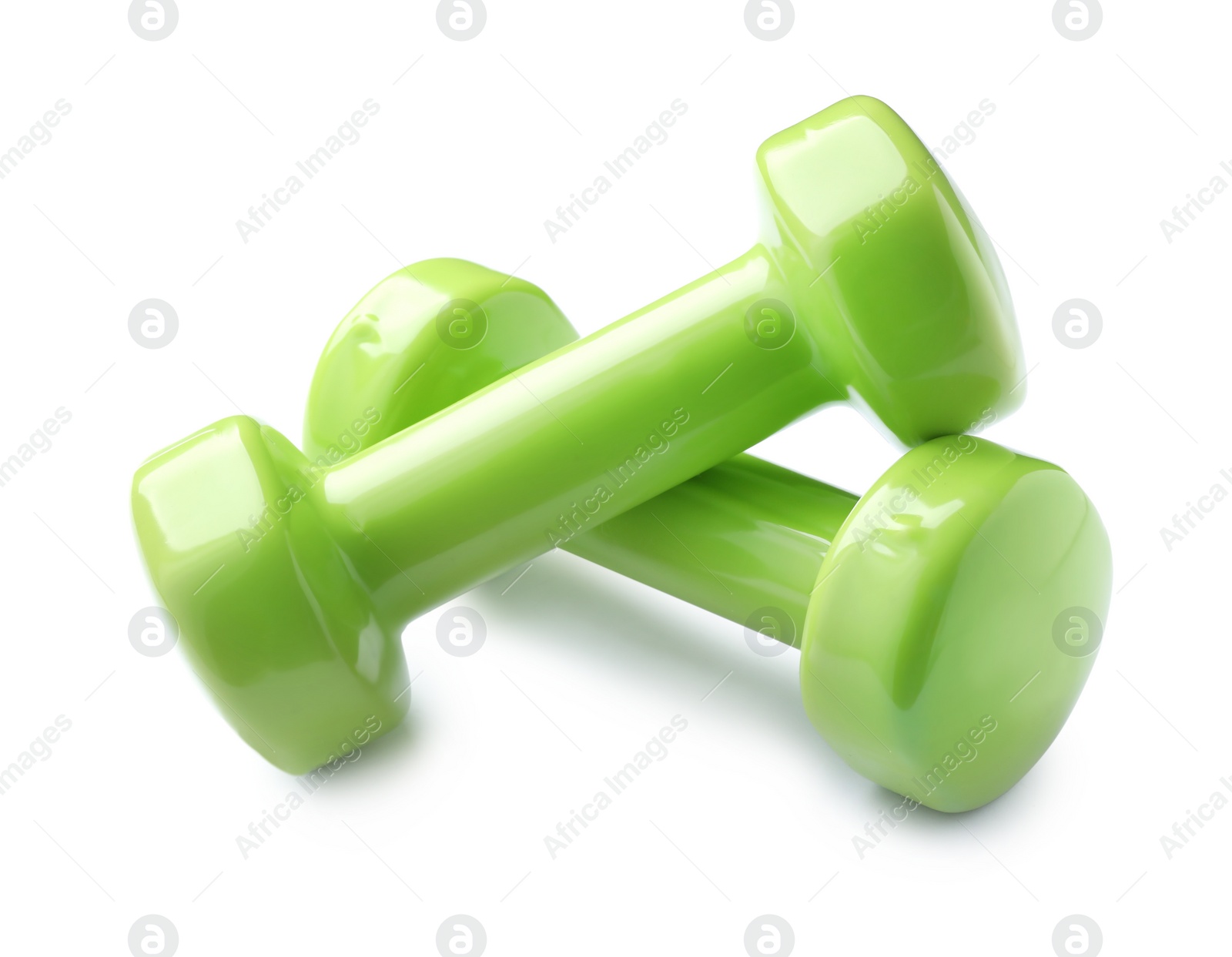 Photo of Color dumbbells on white background. Home fitness