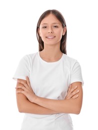 Photo of Portrait of beautiful teenage girl on white background