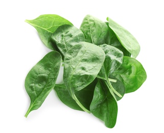 Heap of fresh green healthy baby spinach leaves isolated on white, top view