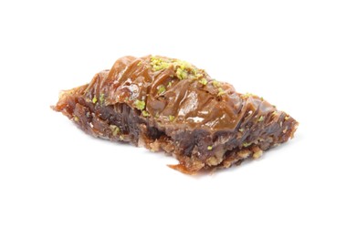 Piece of delicious baklava with pistachios isolated on white