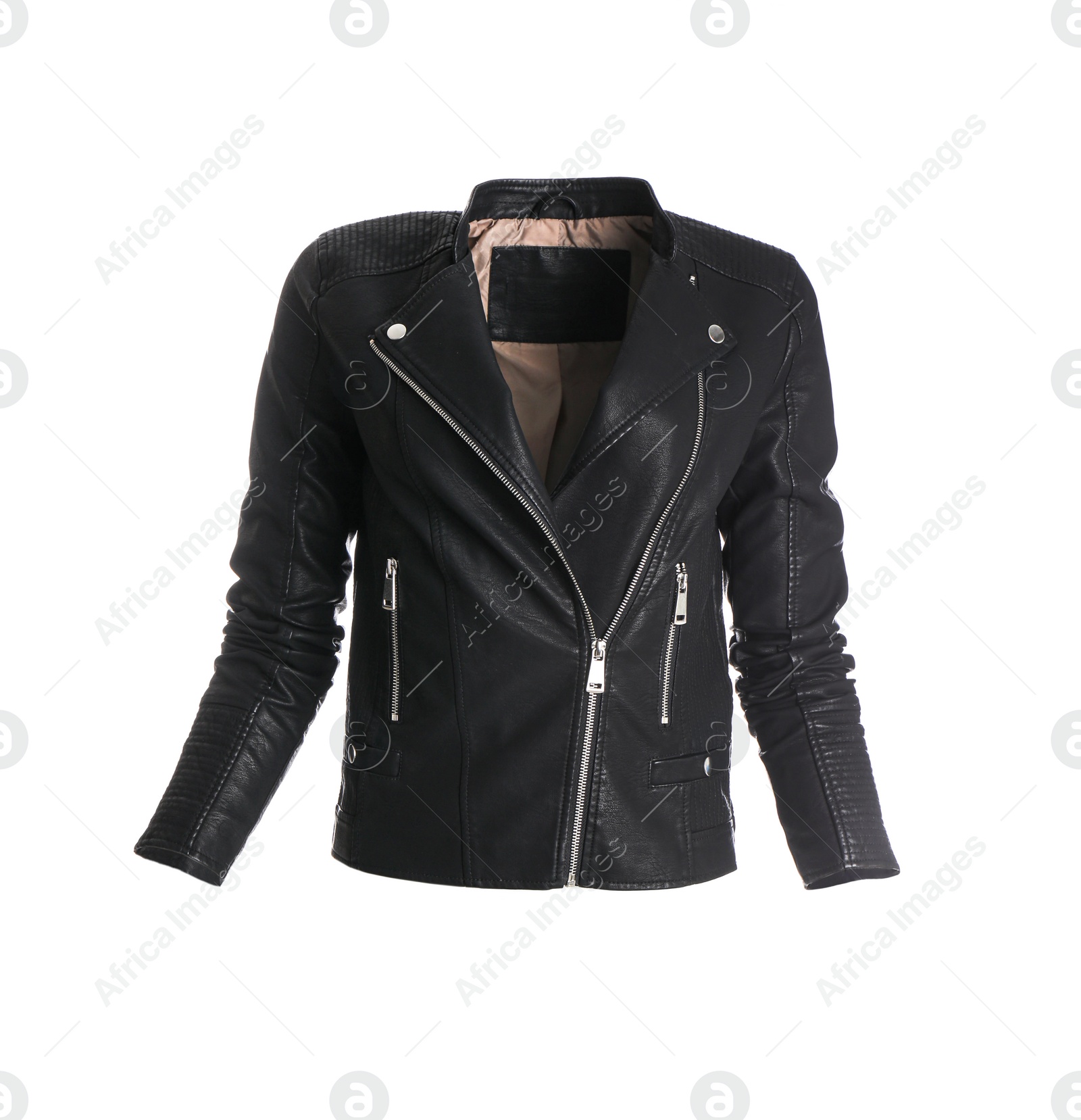 Photo of Stylish leather jacket on mannequin against white background. Women's clothes