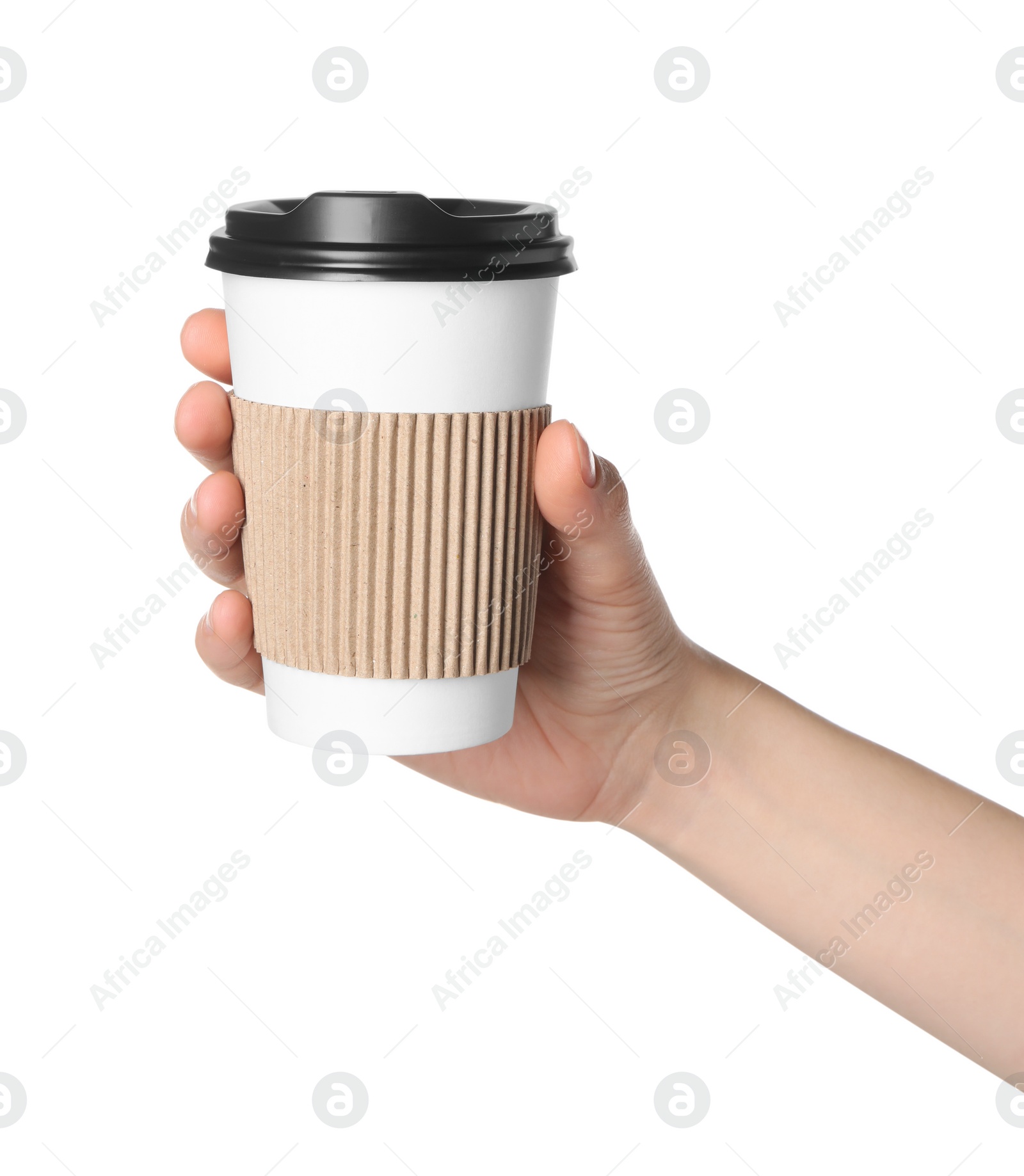 Photo of Woman holding paper cup of tasty drink on white background. Coffee to go