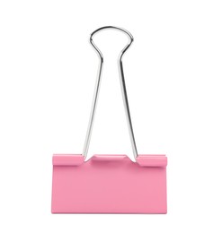 Photo of Pink binder clip isolated on white. Stationery item