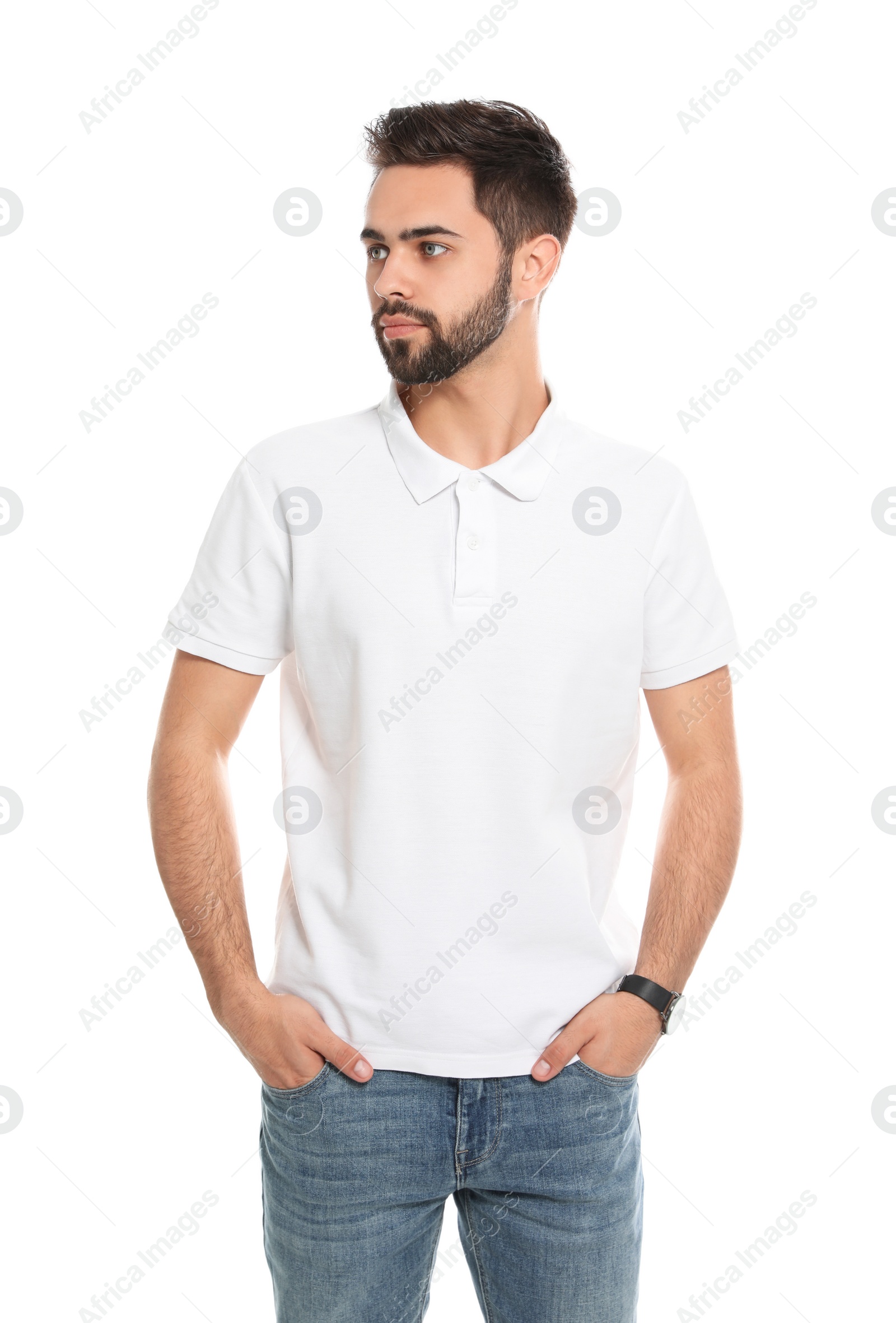 Photo of Young man in t-shirt on white background. Mock up for design