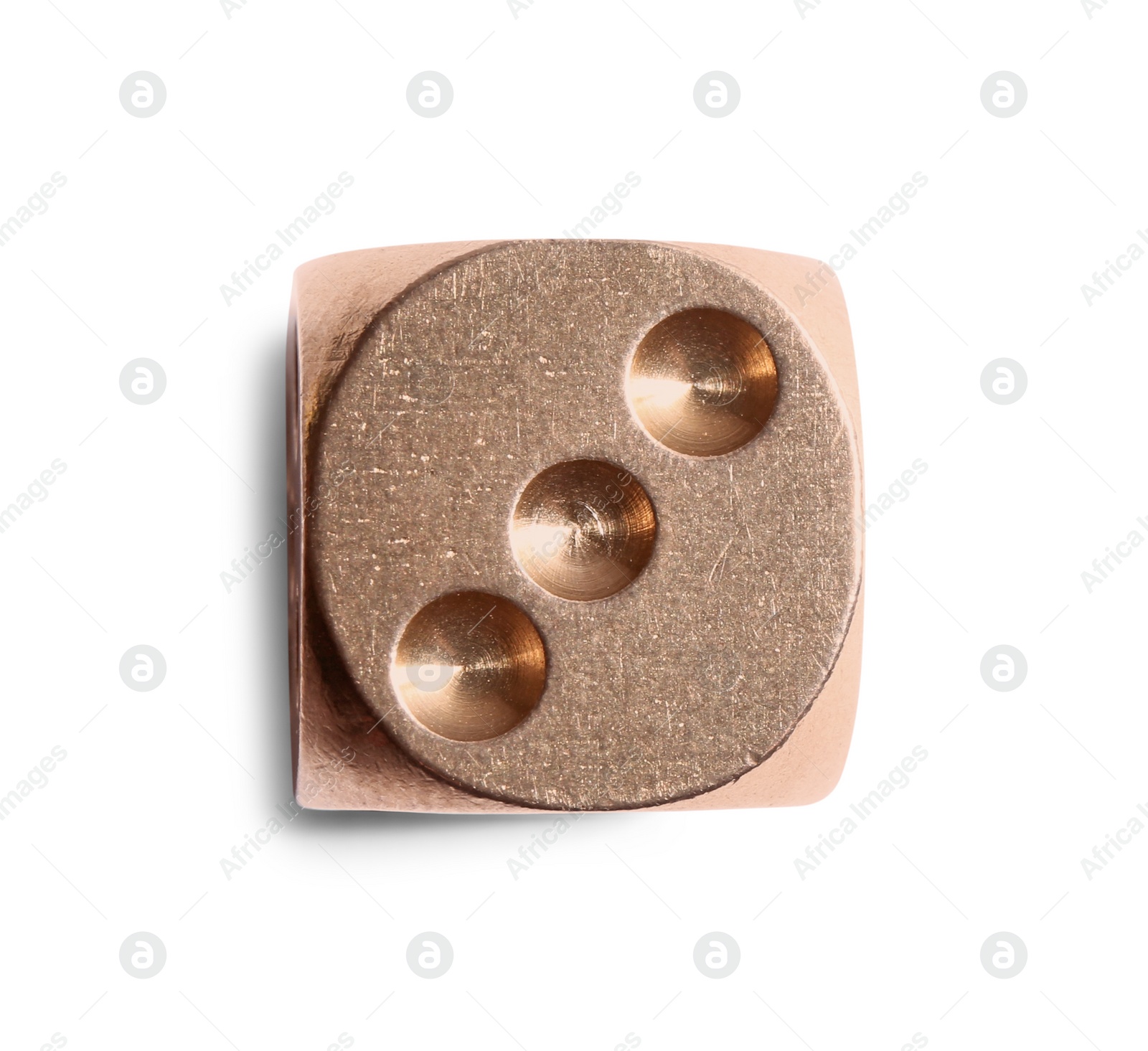 Photo of One metal game dice isolated on white, top view