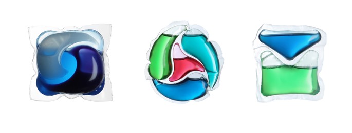 Image of Set with laundry capsules on white background, banner design. Detergent pods