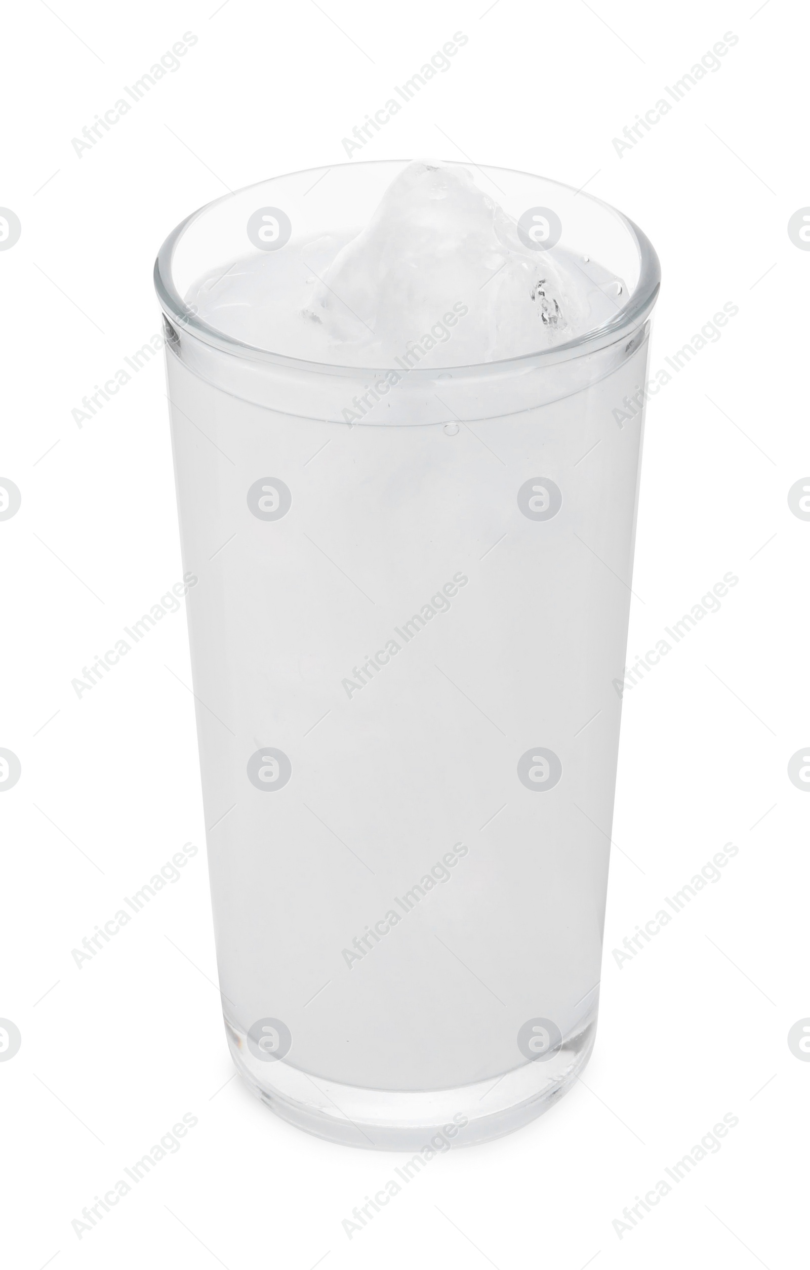 Photo of Glass of coconut water with ice cubes isolated on white