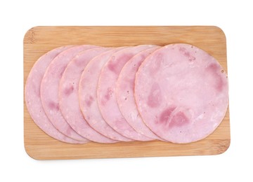 Slices of tasty ham isolated on white, top view