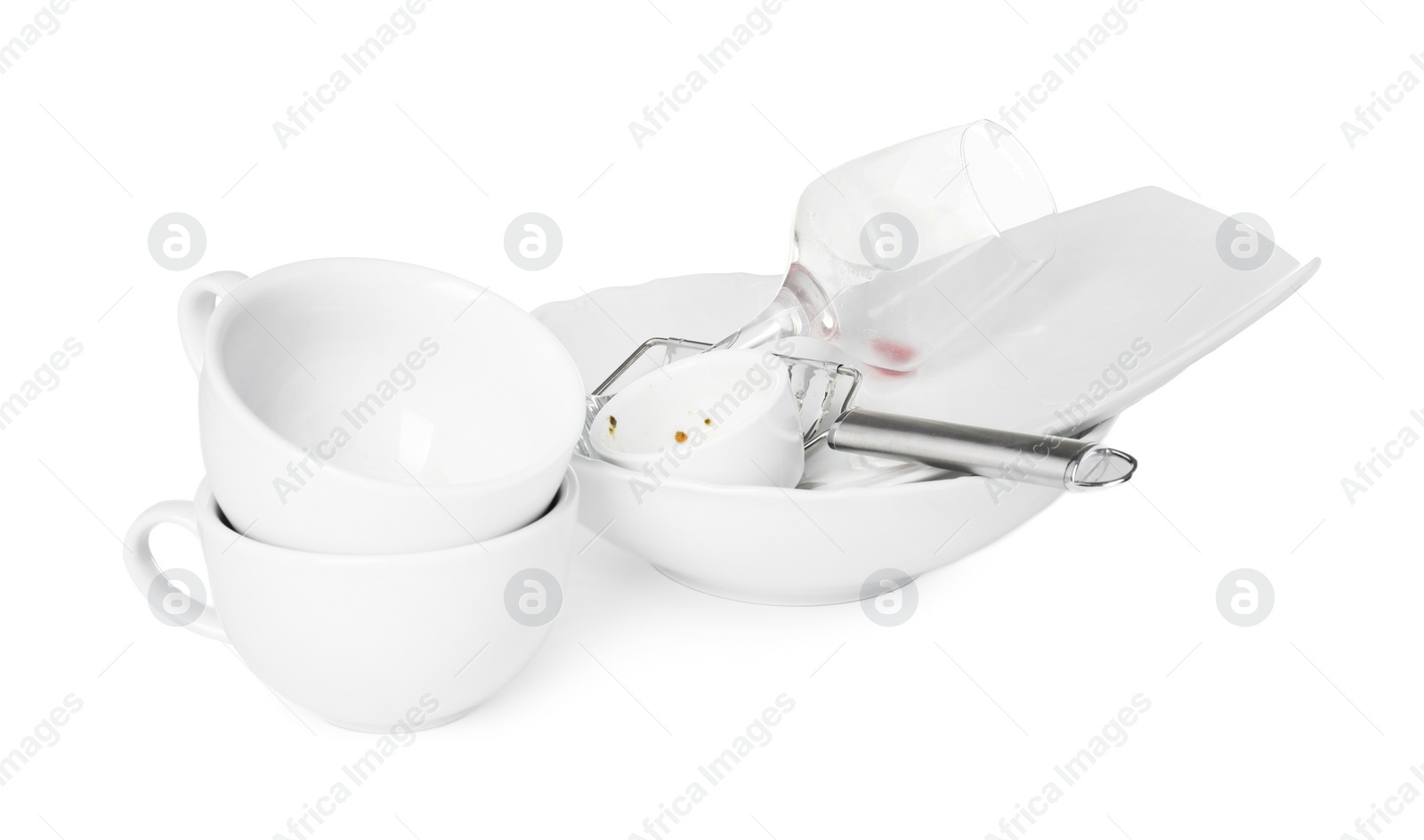 Photo of Set of dirty dishes isolated on white