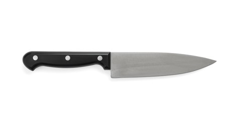 Photo of One sharp knife isolated on white, top view