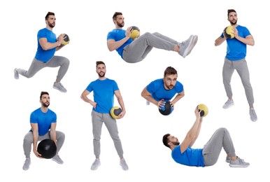 Athletic man doing different exercises with medicine ball on white background, collage