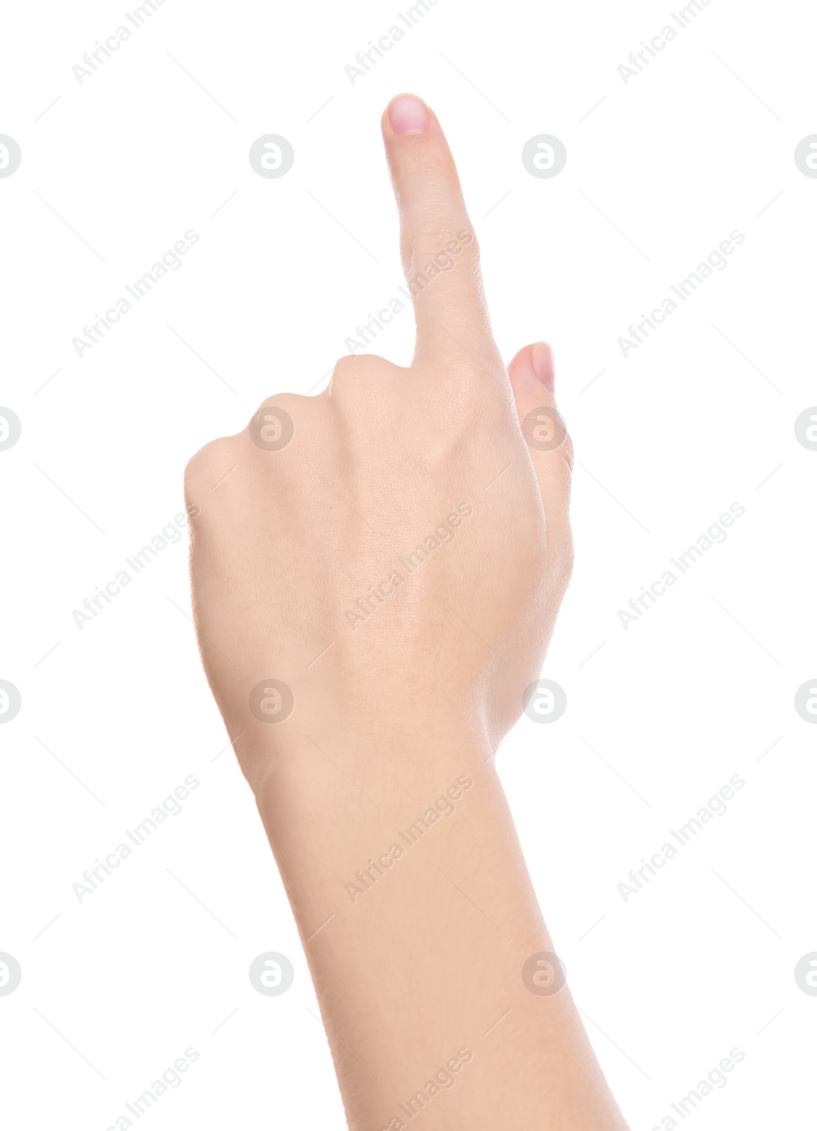 Photo of Woman pointing at something on white background, closeup of hand