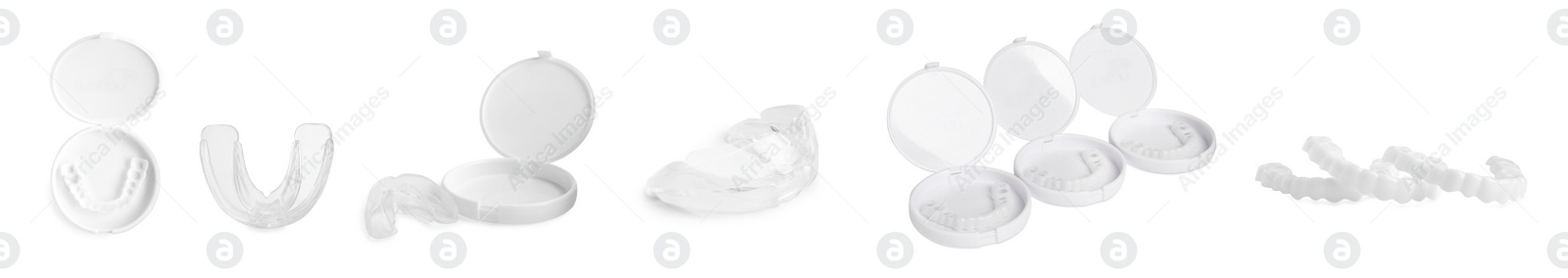 Image of Set with different mouth guards on white background, banner design. Bite correction treatment