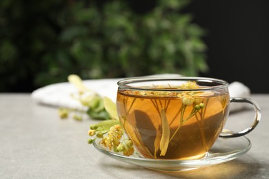 Photo of Cup of tea with linden blossom on light grey table, Space for text