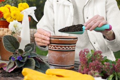 Photo of Woman adding fresh soil into pot in garden, closeup