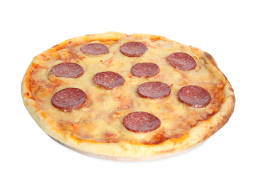 Photo of Tasty fresh pepperoni pizza isolated on white