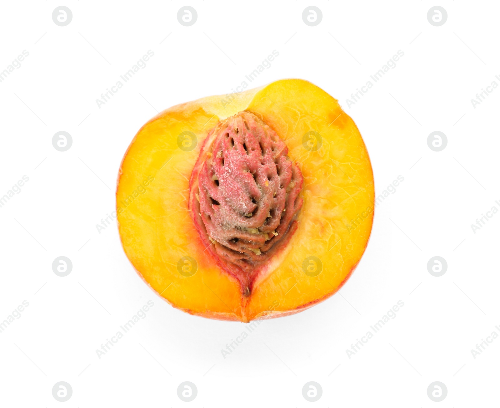 Photo of Half of fresh sweet peach on white background