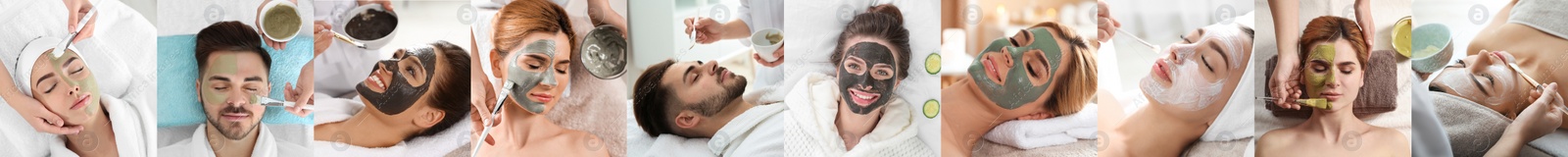 Image of Collage with photos of people with cleansing and moisturizing masks on faces. Banner design