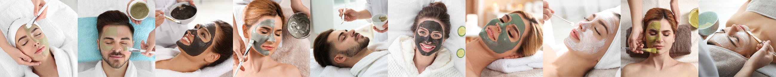 Image of Collage with photos of people with cleansing and moisturizing masks on faces. Banner design