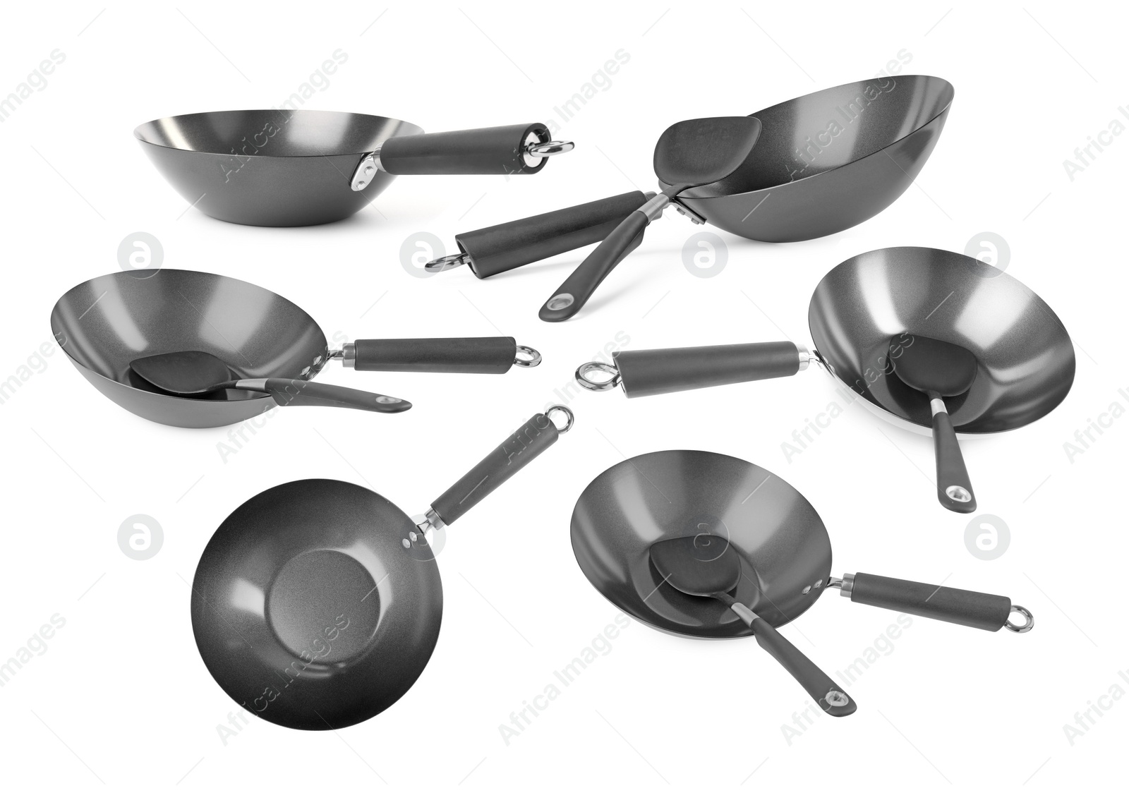 Image of Empty metal woks isolated on white, set