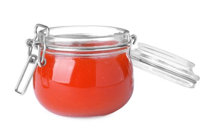 Delicious rowan jam in glass jar on white background